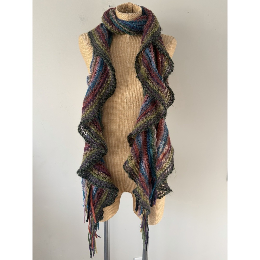 Vintage Y2K Scarf Women Multicolor Striped Knit Fringe Boho Ruffle Fall Winter